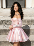 Pink Sweetheart Satin A Line Long Sleeve Homecoming Dress