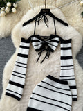 Long Sleeves Maxi Skirt Halter Striped Knit Set