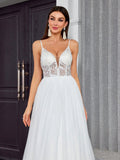 V Neck Sheer Mesh Tulle A Line Wedding Dress