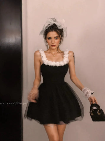 Puffy Short Mini Ruffles Black Dress