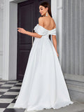 Off The Shoulder Ruched A Line Wedding Dress With Slit