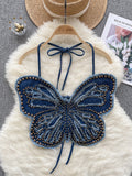 Intricate Beadwork  Denim Butterfly Halter Top