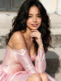 Pink Sweetheart Satin A Line Long Sleeve Homecoming Dress