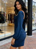 Lantern Long Sleeve Mini Ruched Square Neck Bodycon Dress