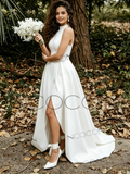 Halter Satin A Line High Low Wedding Dress With Slit