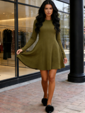Burgundy Long Sleeve Crew Neck Ribbed Knit Fit Flare A Line Dress