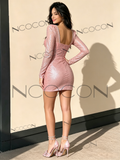 Pink Long Sleeve Square Beading Sheath Column Homecoming Dress