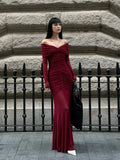 Burgundy Satin One Shoulder Evening Gown with High Slit