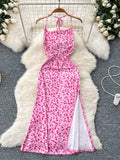 Halter Alluring Side Slit Blue Floral Dress