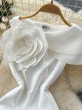 Floral Embellishment One Shoulder White Bodycon Dress