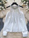 Embellished Neckline Long Sleeves Ivory Blouse