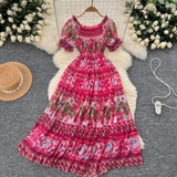 Puff Sleeves Smocked Floral Print Maxi Dress