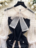 Polka Dot Sheer Puff Sleeves Black Dress