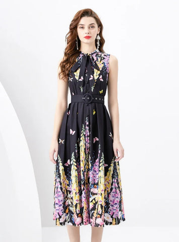 RIBBON SLEEVELESS RETRO PRINT DRESS