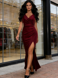 Burgundy V Neck Split Evening Maxi Long Dress