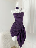 Pleated Skirt Flower One-Shoulder Purple Dress