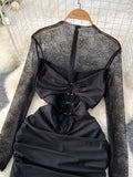 Lace Sleeves Ruched Black Dress