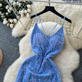 Blue Sequin Backless Midi Maxi Dress