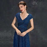 Ruched V Neck Cap Sleeve Sequin Blue Prom Dress