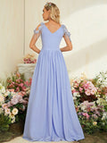 Blue Cap Sleeve Chiffon Tassel Prom Dress With Slit