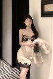 Elegant Halter Neck Dress with Black Lace and Pearl Details