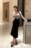 Stylish Outfit with Sheer Lace Blouse and Flared Black Skirt