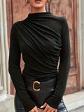 Plus Size Ruched Mock Neck Casual Long Sleeve Top