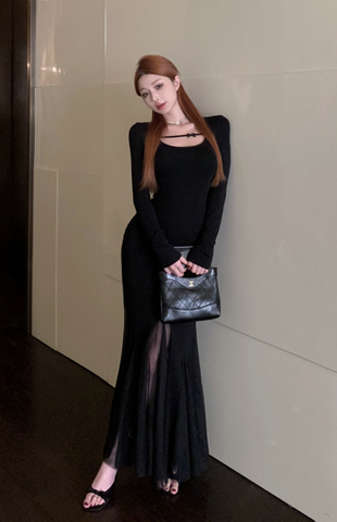 Elegant Long - Sleeve Black Gown with Sheer Side Slit