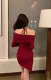 Elegant Off - Shoulder Red Velvet Dress with Rose Choker