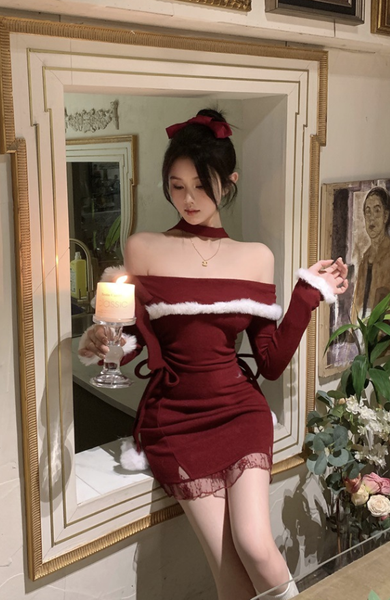 Stylish Long - Sleeve Wine Red Dress with Lace Hem