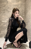 Elegant Black Maxi Dress with Sheer Lace Sleeves