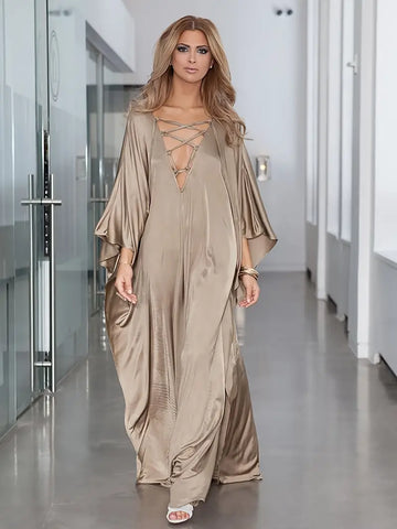 Unique Causal V Neck Long Sleeve Maxi Dress