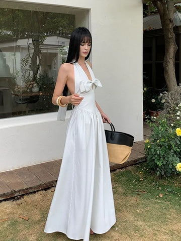 Elegant White Striped Halter Neck Maxi Dress with Front Bow