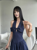 Elegant White Striped Halter Neck Maxi Dress with Front Bow