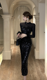 Stylish Long - Sleeve Black Gown with Sparkling Sequin Detailing