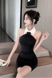 Elegant Black Halter Mini Dress with White Collar Detail