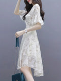 Ruffle Trim Sleeve Airy Floral Print  Chiffon Dress