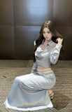 Stylish Long - Sleeve Blue Ensemble with Mermaid - style Skirt