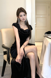 Elegant Black Velvet Maxi Dress with Side Slit