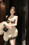 Elegant Halter Neck Dress with Black Lace and Pearl Details