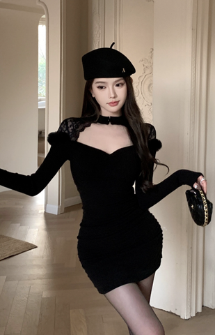 Elegant Long - Sleeve Black Mini Dress with Choker Neckline