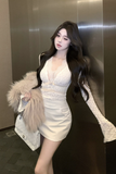 Elegant Cream Outfit with Lace - detailed Top and Mini Skirt
