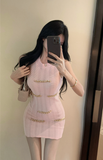 Charming Pink Sleeveless Dress with Gold Chain Accents