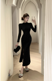 Elegant Black Velvet Gown with Sheer Long Sleeves