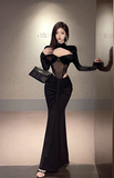 Stylish Long - Sleeve Black Outfit with Cut - out Details