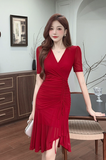 Elegant Red Ruched Midi Dress with V - Neck Design