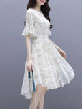 Ruffle Trim Sleeve Airy Floral Print  Chiffon Dress