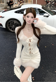 Stylish Cream Knit Set with Fur Trim and Lace - up Detail
