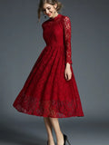 Burgundy High Neck Lace Long Sleeve Party Dress