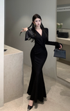 Elegant Black Mermaid Gown with Bell - Shaped Sleeves